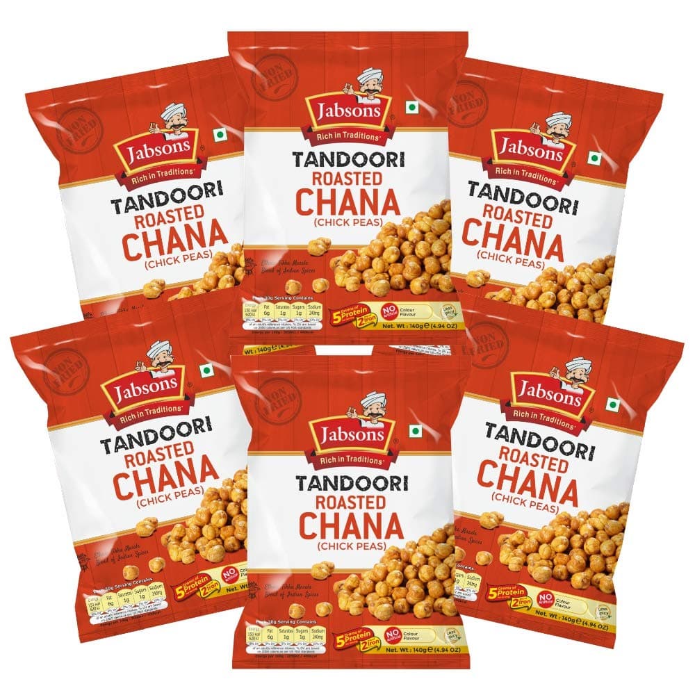 Jabsons Roasted Chana Tandoori – Pack of 6 (140g Each) | Skinless Roasted Chickpeas | Tandoori Masala Namkeen | High Protein | Gluten-Free Indian Snack | Ready to Eat | Healthy Bhuna Chana