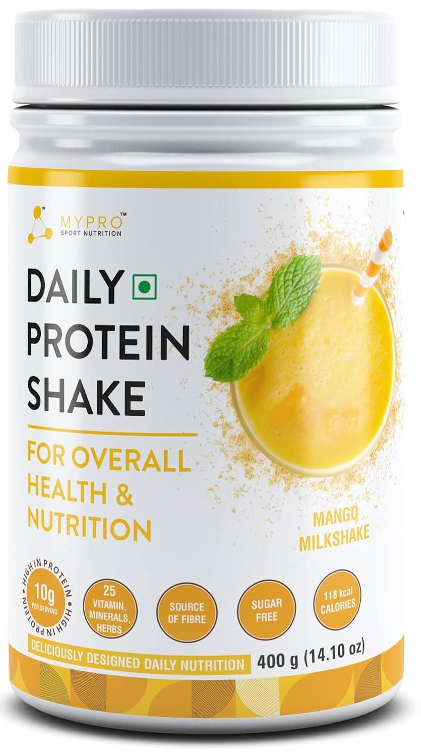 Mypro Sport Nutrition Daily Protein Shake 118 kcal Calories,25 Vitamin,Minerals & 7 Herbs,Provide Energy,Support Immunity & bone Health-For Men & Women Mango Milk Shake Flavor -400Gm-40 Servings