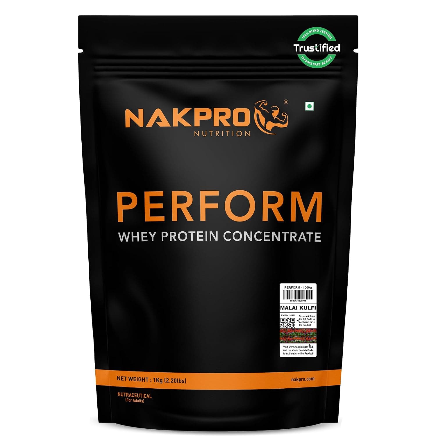 NAKPRO NUTRITION Perform Whey Protein Concentrate | 1kg MalaiKulfi | 24g Protein, Trustified Certified