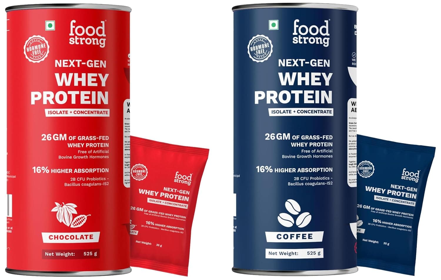 Foodstrong Next-Gen Whey Protein Chocolate Isolate + Concentrate, 15 Sachets, 525G + Foodstrong Next-Gen Whey Protein Coffee Isolate + Concentrate, 15 Sachets, 525G