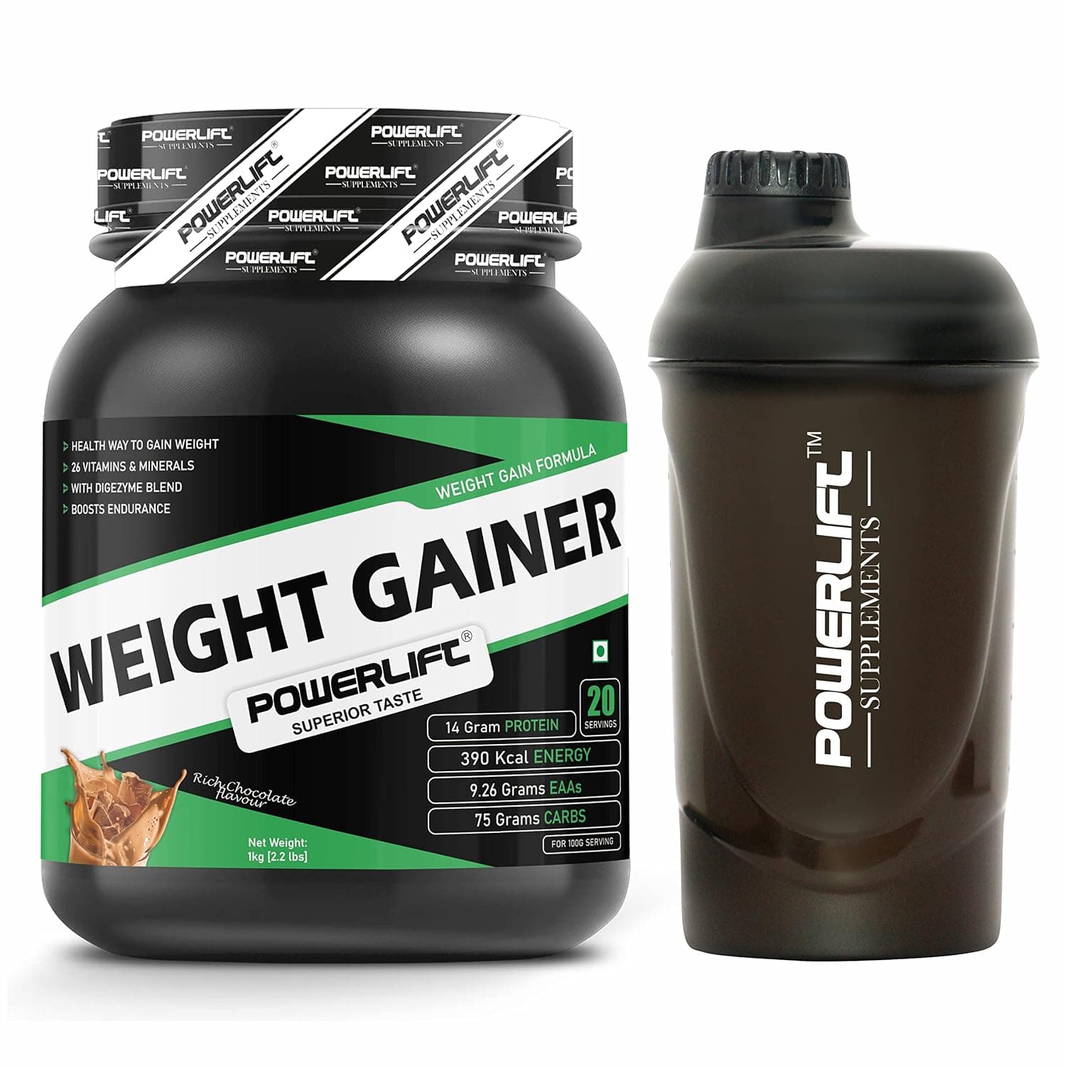 Weight Gainer With Shaker (1KG Rich Chocolate) 390K Energy, 75G Carbs| High Protein & High Calorie Protein Powder for weight gain men and women use | Raw Whey from USA | With Digezyme