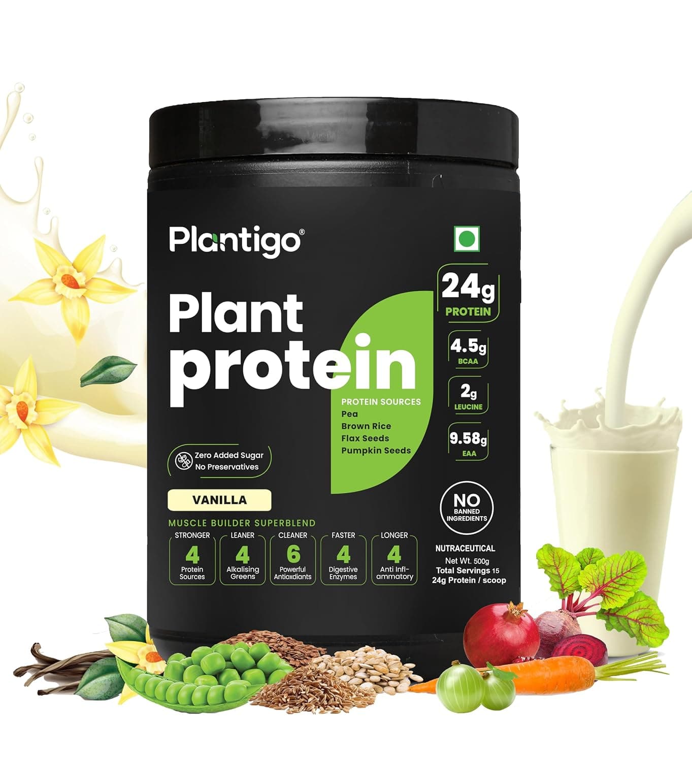 Plantigo Protein Powder 24g Plant Based Protein, 3g BCAA, 2g Leucine, 3g Fiber, 4x Fast Digestion, 95% Bioavailability, 3x Anti Oxidants, Anti Inflammatory, Vitamins, Minerals - Vanilla Flavored 500g