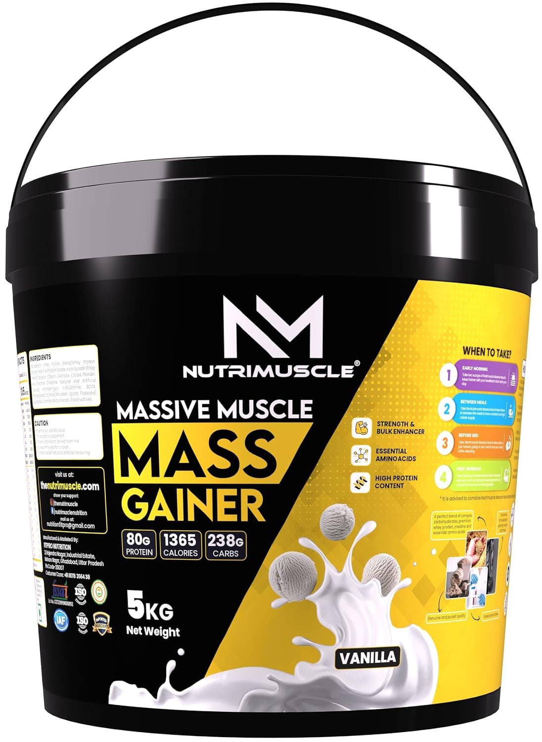 Nutrimuscle ® Massive Muscle Mass Gainer - 5 Kgs - Vanilla Flavour - For Muscle, Mass and Strength Gain - Contains Creatine, Complex Carbohydrates and Protein