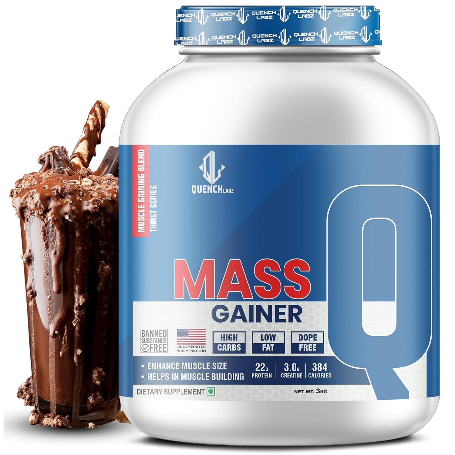 QUENCHLABZ MASS GAINER 3KG Chocolate | 22g Protein, 3g Creatine, 384 Calories | High-Calorie Protein Powder for Weight Gain & Muscle Growth | Best Weight Gainer for Skinny Guys, Beginners & Bodybuilders